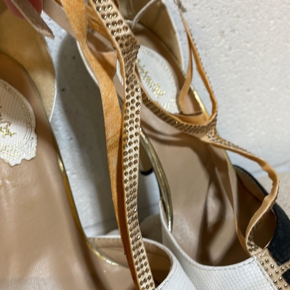 Flawed size 8 mini rhinestone studded T strap high heels gold black white point - Picture 4 of 12